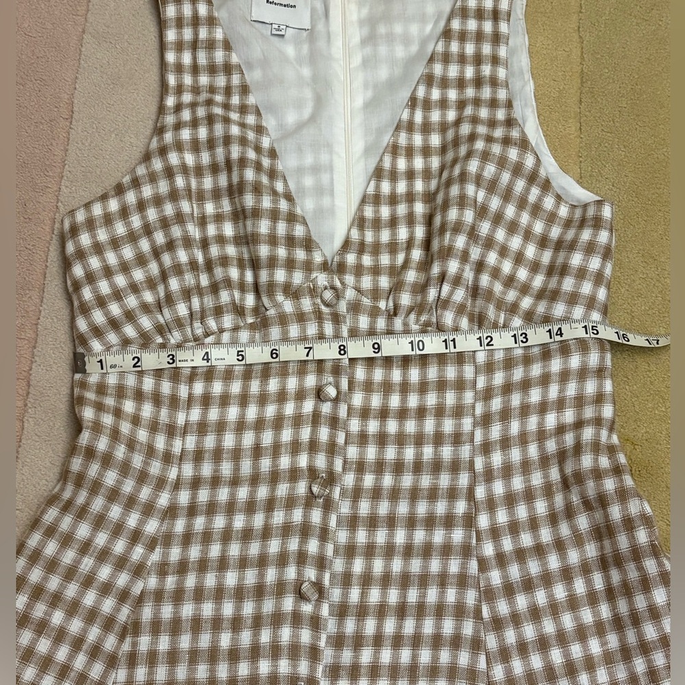 Reformation Sebastian linen Gingham Midi Dress in Cream and Tan Sz 8 - Picture 5 of 11